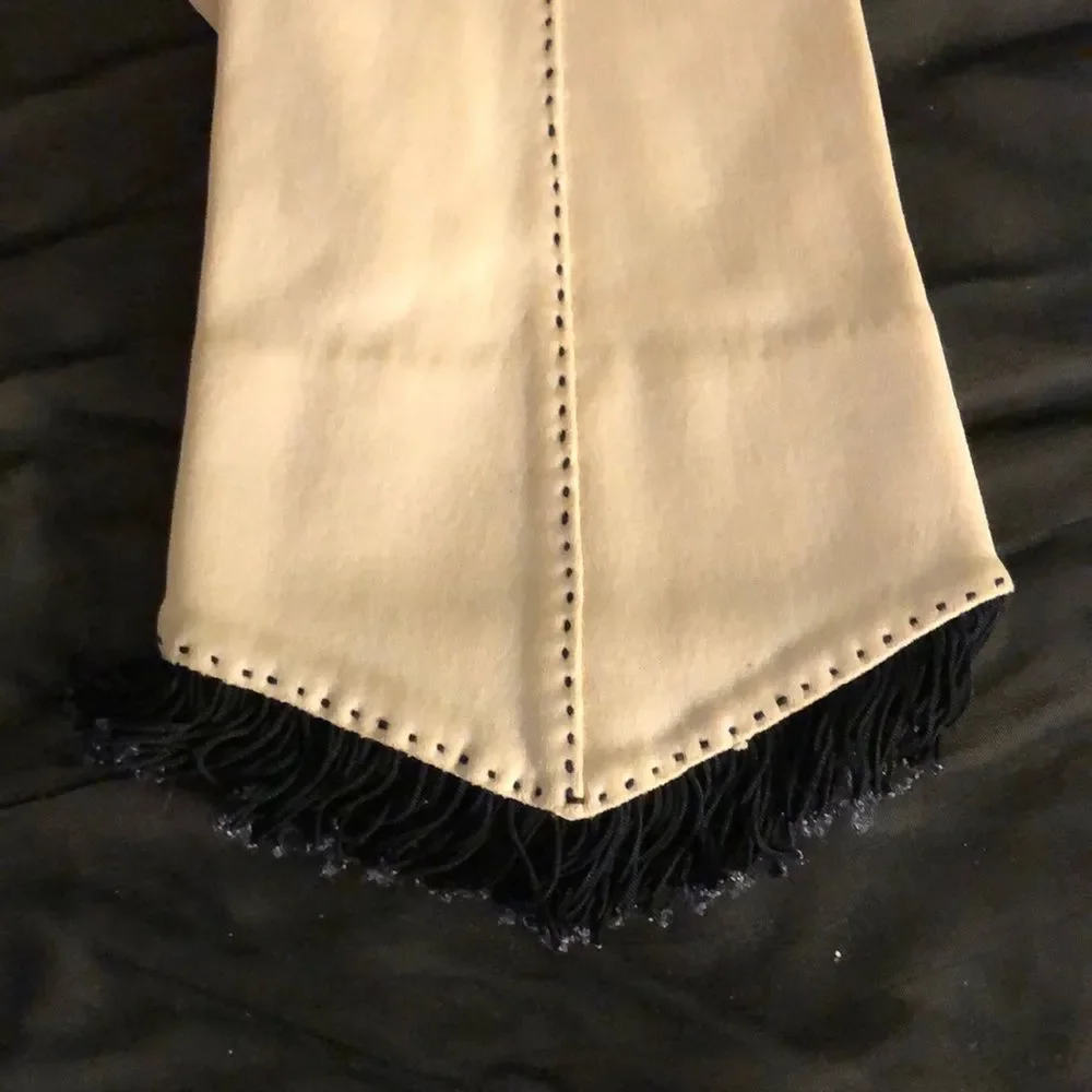 Vintage Ladies Cream Gloves Black Fringe Small